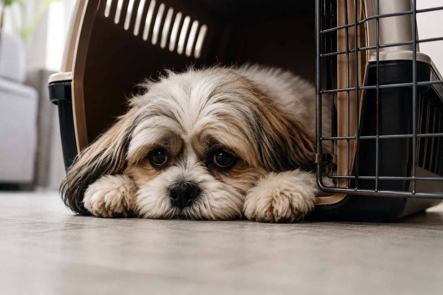 A sad dog left waiting alone by a crate