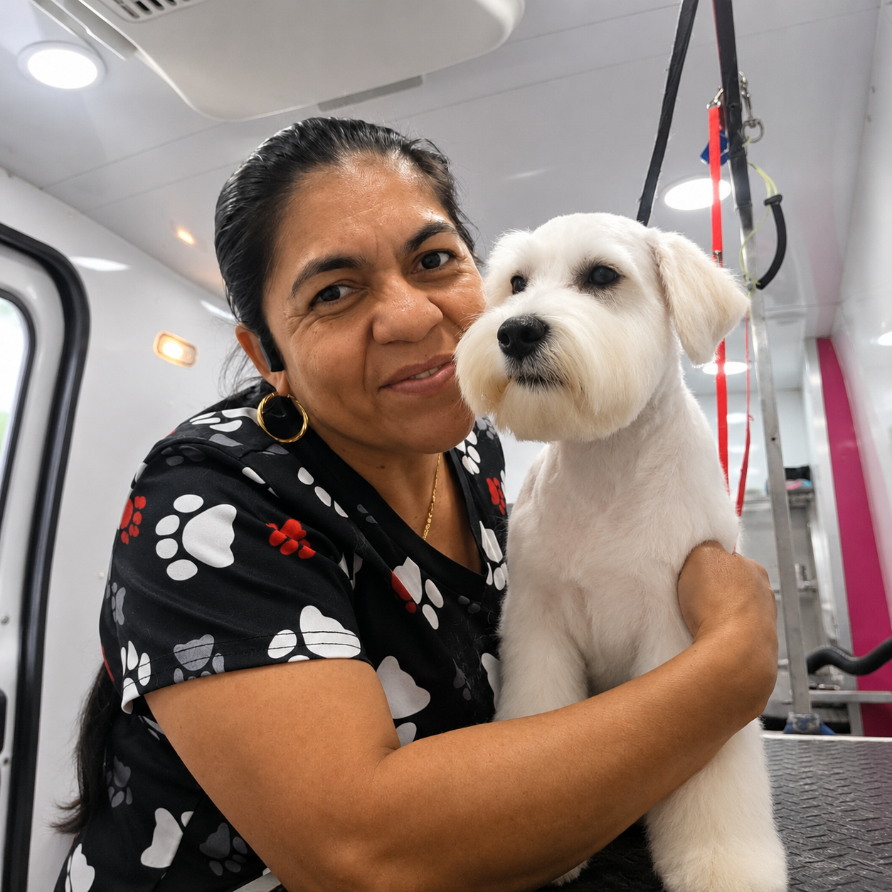 Ana Belén giving one-on-one grooming to a happy dog