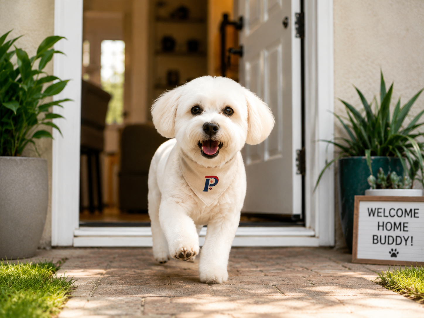 Happy freshly groomed dog with Picardia bandana back home