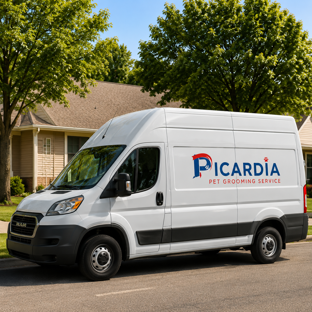 Picardia mobile grooming van arriving at a home