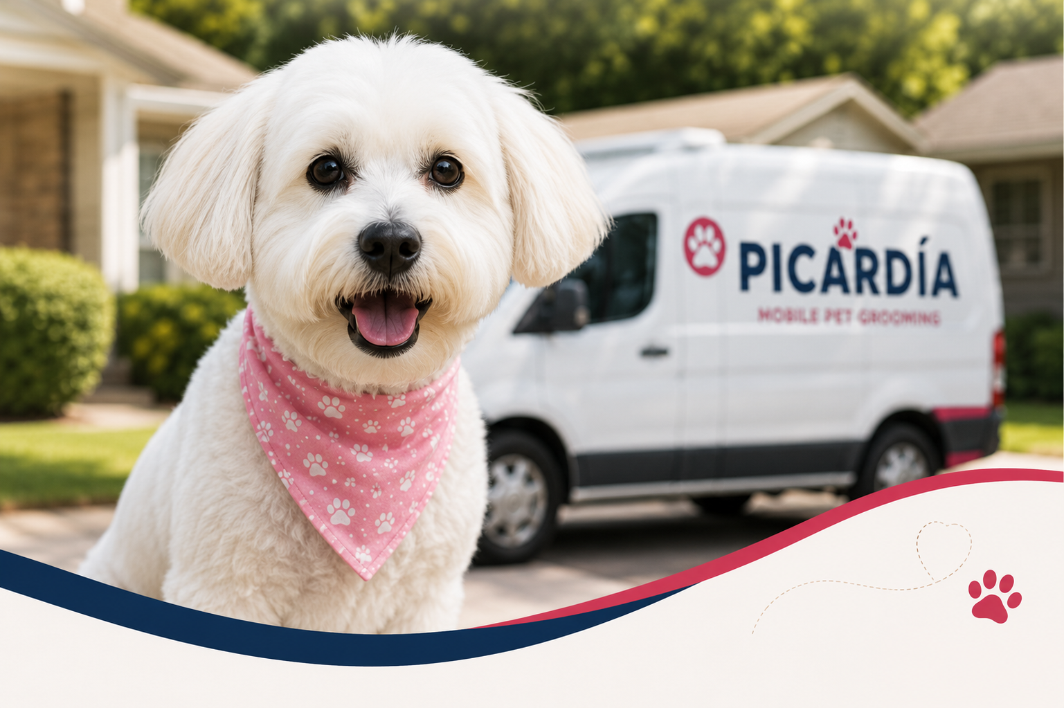 A happy freshly-groomed dog in a pink bandana beside the Picardia mobile grooming van